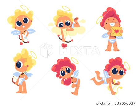 Cartoon cupid characters. Cupids cute baby angels characters, valentine day romantic love wedding mascot boy with heart arrow amor wings cherub on cloud, classy vector illustration 135056937