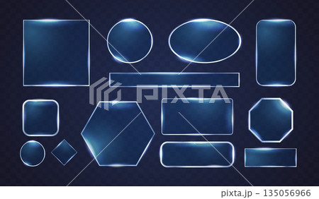 Neon glass frames. Realistic blue glasses lens, clear frame futuristic screen game box digital glow effect square circle hexagon button sparkle frame, exact vector illustration Neon glass frames. Realistic blue glasses lens, clear frame futuristic screen game box digital glow effect square circle hexagon button sparkle frame, exact vector illustration 135056966