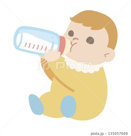 左向きでミルクを飲む赤ちゃん 授乳シーンのイラスト 135057089