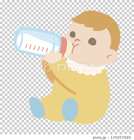 嬰兒面向左側喝奶的插圖，母乳哺育場景 135057089