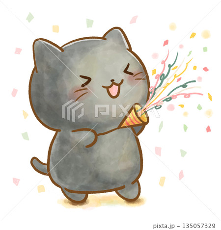 クラッカーでお祝いする水彩風の黒猫のイラスト/子ども向け、挿絵用 135057329