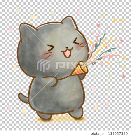 クラッカーでお祝いする水彩風の黒猫のイラスト/子ども向け、挿絵用 135057329