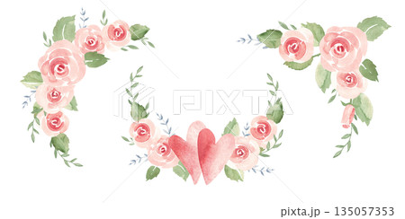 St. Valentine day or wedding set. Pink roses bouquets, garlands with hearts. Hand drawn watercolor illustration isolated on a white background. Design elements for shirt cards, posters and invitations St. Valentine day or wedding set. Pink roses bouquets, garlands with hearts. Hand drawn watercolor illustration isolated on a white background. Design elements for shirt cards, posters and invitations 135057353
