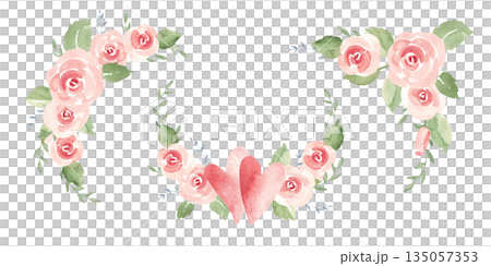 St. Valentine day or wedding set. Pink roses bouquets, garlands with hearts. Hand drawn watercolor illustration isolated on a white background. Design elements for shirt cards, posters and invitations St. Valentine day or wedding set. Pink roses bouquets, garlands with hearts. Hand drawn watercolor illustration isolated on a white background. Design elements for shirt cards, posters and invitations 135057353