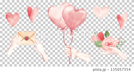St. Valentine day, engagement compositions set with woman and man hands, with love letters, heart balloons, hearts and pink roses. Watercolor hand drawn illustration isolated on a white background St. Valentine day, engagement compositions set with woman and man hands, with love letters, heart balloons, hearts and pink roses. Watercolor hand drawn illustration isolated on a white background 135057354