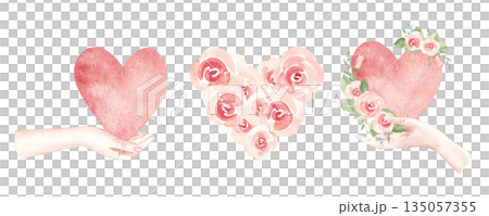 St. Valentine day or wedding, engagement compositions set with woman hands with heart and pink roses. Watercolor hand drawn illustration isolated on a white background. Romantic design elements for 135057355
