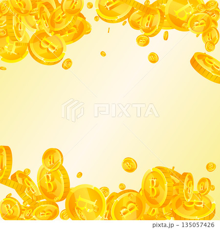 Bitcoin coins falling. Cryptocurrency scattered gold BTC coins. Internet currency. Great business success concept. Square vector illustration. 135057426
