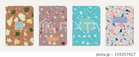 School diary cover design. Terrazzo abstract background made of natural stones, granite, quartz and marble. Venetian terrazzo texture school diary template. School diary cover design. Terrazzo abstract background made of natural stones, granite, quartz and marble. Venetian terrazzo texture school diary template. 135057427