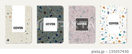 Notebook cover design. Terrazzo abstract background made of natural stones, granite, quartz and marble. Venetian terrazzo texture notebook cover template. 135057430