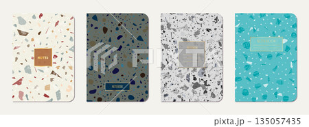 Notebook cover design. Terrazzo abstract background made of natural stones, granite, quartz and marble. Venetian terrazzo texture notebook cover template. Notebook cover design. Terrazzo abstract background made of natural stones, granite, quartz and marble. Venetian terrazzo texture notebook cover template. 135057435