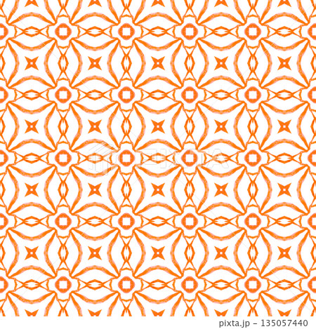 Textile ready dazzling print, swimwear fabric, wallpaper, wrapping. Orange radiant boho chic summer design. Oriental arabesque hand drawn border. Arabesque hand drawn design. 135057440