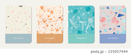 Notebook cover design. Terrazzo abstract background made of natural stones, granite, quartz and marble. Venetian terrazzo texture notebook cover template. 135057444