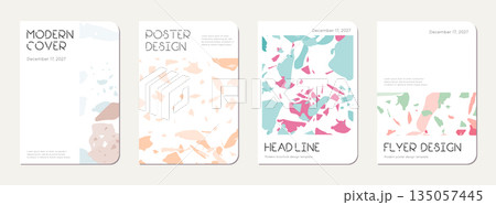 Note book cover design. Terrazzo abstract background made of natural stones, granite, quartz and marble. Venetian terrazzo texture note book template. 135057445