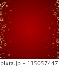 Gold sparkling star confetti. Chaotic dreamy childish overlay template. Festive stars vector illustration on red background. 135057447