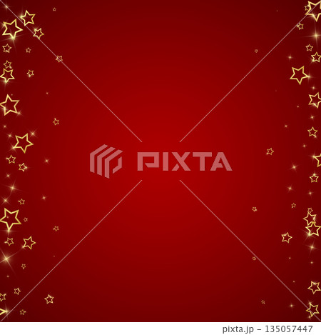 Gold sparkling star confetti. Chaotic dreamy childish overlay template. Festive stars vector illustration on red background. Gold sparkling star confetti. Chaotic dreamy childish overlay template. Festive stars vector illustration on red background. 135057447