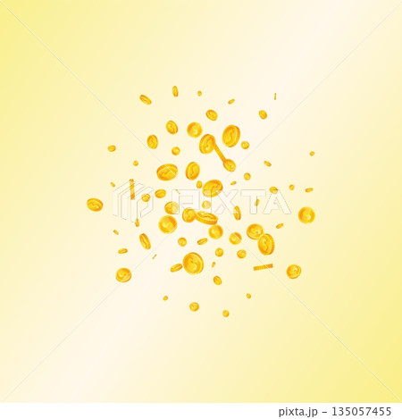 American dollar coins falling. Scattered gold USD coins. USA money. Jackpot wealth or success concept. Square vector illustration. 135057455