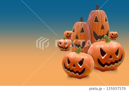 inside right, various sizes and shapes of seven pumkins are carved with similar spooky faces on gradient blue and orange background, object, decor, fashion, scary, festival, celebration, ghost, copy 135057570