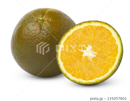 Chocolate navel orange fruit and cut in a half isolated. Whole chocolate orange and half with clipping path. Chocolate navel orange fruit and cut in a half isolated. Whole chocolate orange and half with clipping path. 135057601