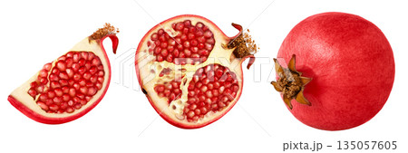 Fresh pink pomegranate fruit and cut in a half of pomegranate with red seeds isolated. Collection of pomegranates. Slice of pomegranate. Pomegranate chunk with clipping path. 135057605
