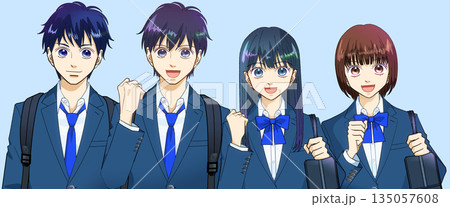 リュックとスクールバッグを持つ高校生または中学生の男女のアニメ風イラスト リュックとスクールバッグを持つ高校生または中学生の男女のアニメ風イラスト 135057608