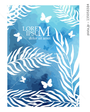 blue watercolor background with palm leaves and butterflies. hand drawn. Not AI, Vector illustration blue watercolor background with palm leaves and butterflies. hand drawn. Not AI, Vector illustration 135058384