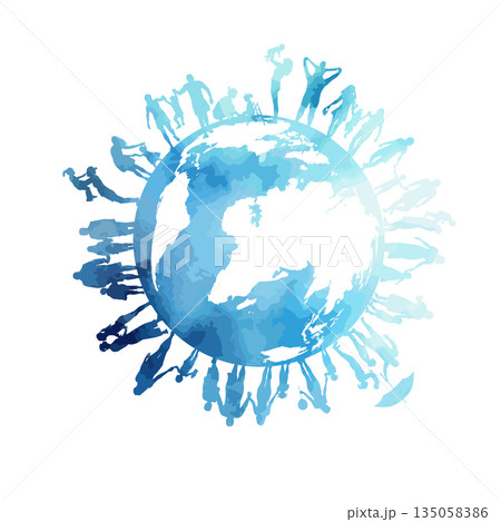 Abstract blue world and happy people. Silhouettes of people around the globe. hand drawn. Not AI, Vector illustration 135058386