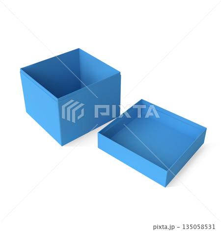 Blue gift cardboard box, open lid, 3D realistic paper square container for present parcel, delivery case vector mockup Blue gift cardboard box, open lid, 3D realistic paper square container for present parcel, delivery case vector mockup 135058531