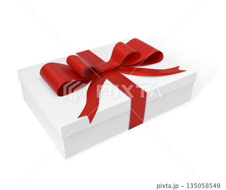 A rectangular white gift box with a closed lid and tied with a red ribbon and bow. A rectangular white gift box with a closed lid and tied with a red ribbon and bow. 135058549