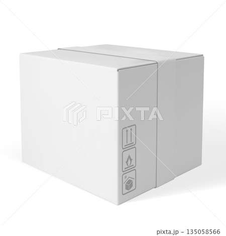 White cardboard box mockup with shipping symbols, sealed with tape. 135058566