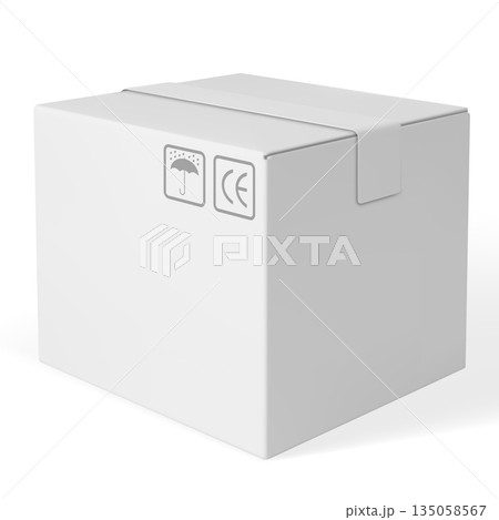3D cardboard box vector mockup, realistic white carton parcel close with tape and transportation symbols, delivery cargo 3D cardboard box vector mockup, realistic white carton parcel close with tape and transportation symbols, delivery cargo 135058567