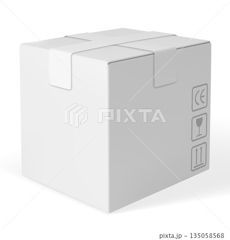 3D cardboard box vector package mockup, realistic white carton parcel close with tape and transportation fragile symbols 3D cardboard box vector package mockup, realistic white carton parcel close with tape and transportation fragile symbols 135058568