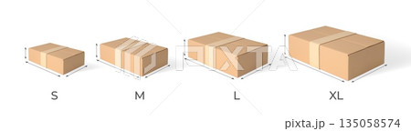 3D cardboard box with height, length, width vector mockup, realistic brown carton parcel, delivery cargo S,M, l, XL size 135058574
