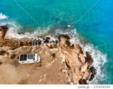 Camper on coast in Spain. Aerial view Camper on coast in Spain. Aerial view 135058590