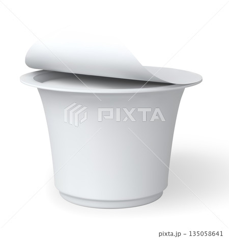 Yogurt cup, sour cream milk product package, realistic vector 3D mock up white round plastic container with exposed lid 135058641