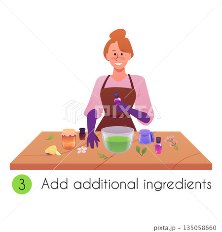 Woman making handmade natural soap, add additions natural organic ingredients, vector flat illustration workshop process Woman making handmade natural soap, add additions natural organic ingredients, vector flat illustration workshop process 135058660