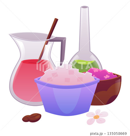 Bowls with soap ingredients, perfume liquid, flowers and coffee beans, vector flat handmade natural soap workshop 135058669