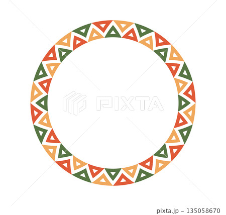 Mexican pattern circle frame. African ethnic motif border. Aztec triangular ornament round frame. Mexican text frame. African ethnic culture ornament. Vector illustration isolated on white background 135058670