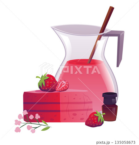 Handmade natural soap brick with strawberry and soap solution jar vector flat composition, bathing cosmetic berry flavor 135058673