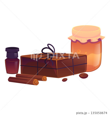 Natural brown handmade soap with a jar of honey, cinnamon, and coffee. 135058674