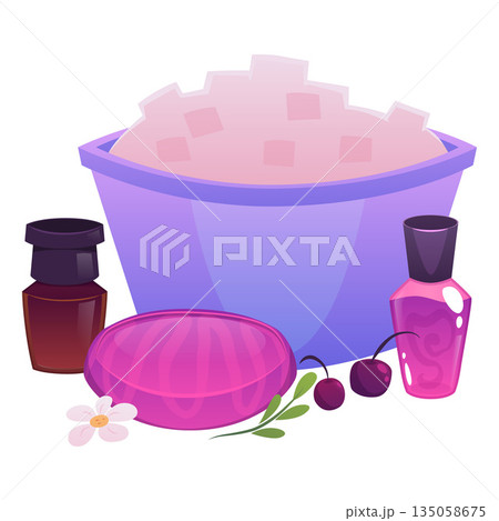 Bowl with soap ingredients, perfume glass bottle, flowers and berries, vector flat handmade natural soap workshop Bowl with soap ingredients, perfume glass bottle, flowers and berries, vector flat handmade natural soap workshop 135058675