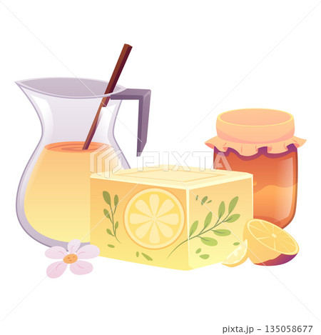A bar of yellow soap with a jug, a jar of honey, lemon, and a chamomile flower. 135058677