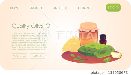 Quality olive oil landing page vector flat design, handmade natural soap brick with perfume bottle, lemon and leaves 135058678