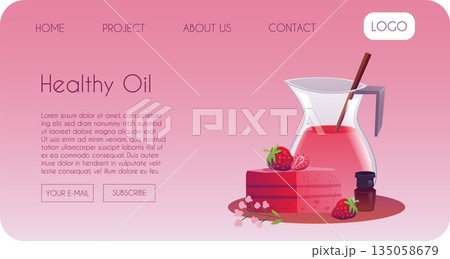 A website template featuring a bar of handmade soap, a decanter of natural oil, and strawberries. 135058679