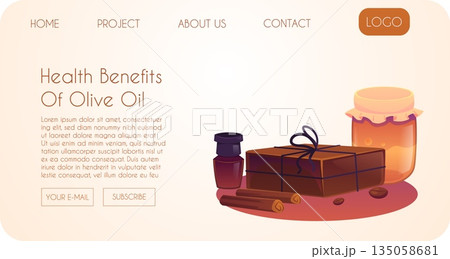 Health benefits of olive oil vector landing page, handmade natural brown soap brick with coffee beans, cinnamon sticks Health benefits of olive oil vector landing page, handmade natural brown soap brick with coffee beans, cinnamon sticks 135058681