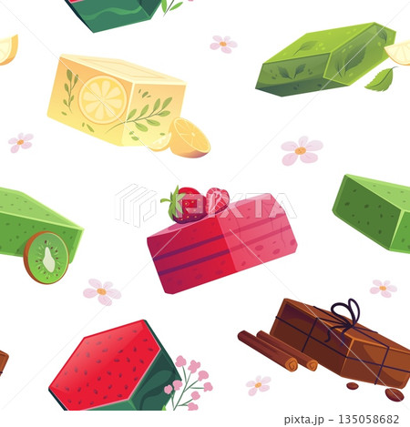 Handmade natural soap bars vector seamless pattern design, strawberry, lemon, kiwi, watermelon, coffee beans, cinnamon Handmade natural soap bars vector seamless pattern design, strawberry, lemon, kiwi, watermelon, coffee beans, cinnamon 135058682