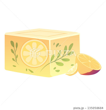 A bar of yellow soap with lemon pieces and green leaves, handmade. 135058684