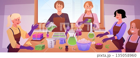 Women making handmade natural soap, vector cosmetic spa product creation, bathing aromatherapy cosmetic craft workshop 135058960
