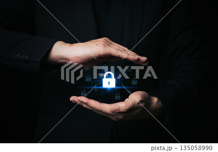 Cyber security concept, man hand protection network with lock icon. 135058990