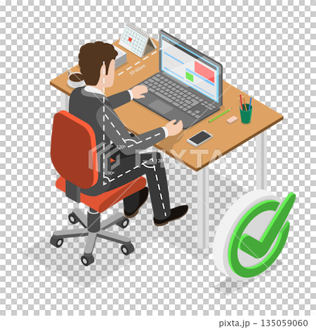 3D Isometric Flat  Illustration of How To Sit At Desk. Item 1 135059060