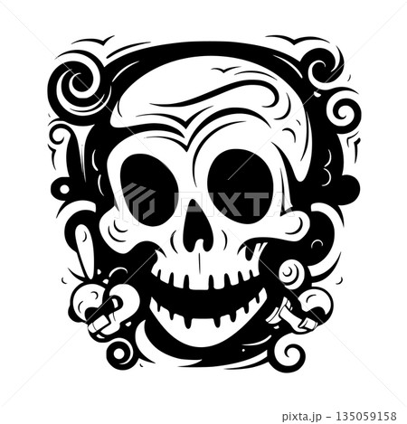 Playful skull face with large round eyes and toothy grin, swirling ornamental accents surrounds the head, black and white graphic Playful skull face with large round eyes and toothy grin, swirling ornamental accents surrounds the head, black and white graphic 135059158